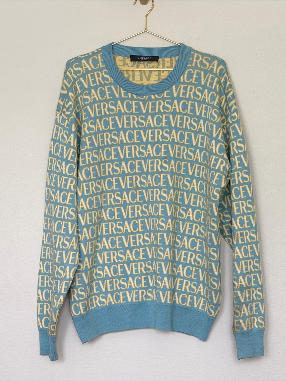 Versace Men’s Light Blue and Cream All-Over Logo Crewneck Sweater